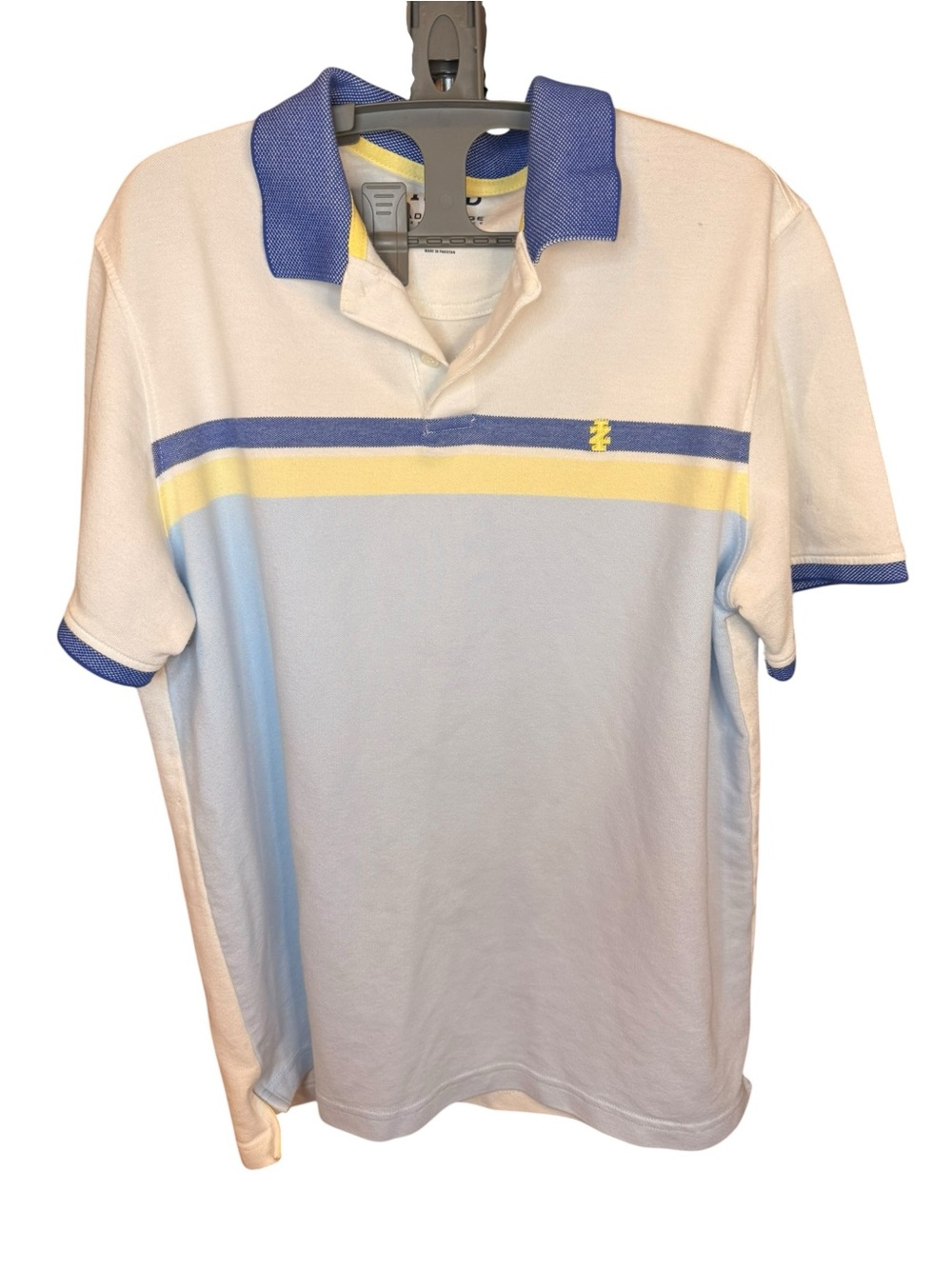 ✝️   Izod Size largeLight Blue and White Polo with Yellow and Blue Stripes
